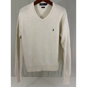 VTG Polo Ralph Lauren Men's Cream V-Neck Knit Preppy Sweater Size L